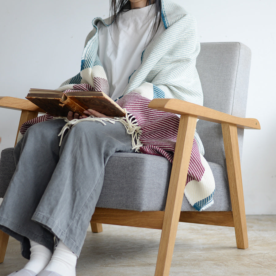 シ・コラサォン ウールコットンブランケット Diagonal Stripe azul & bordeaux